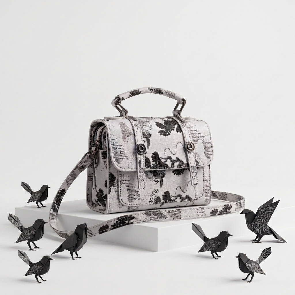 Black and White floral sling bag with flap and top handle