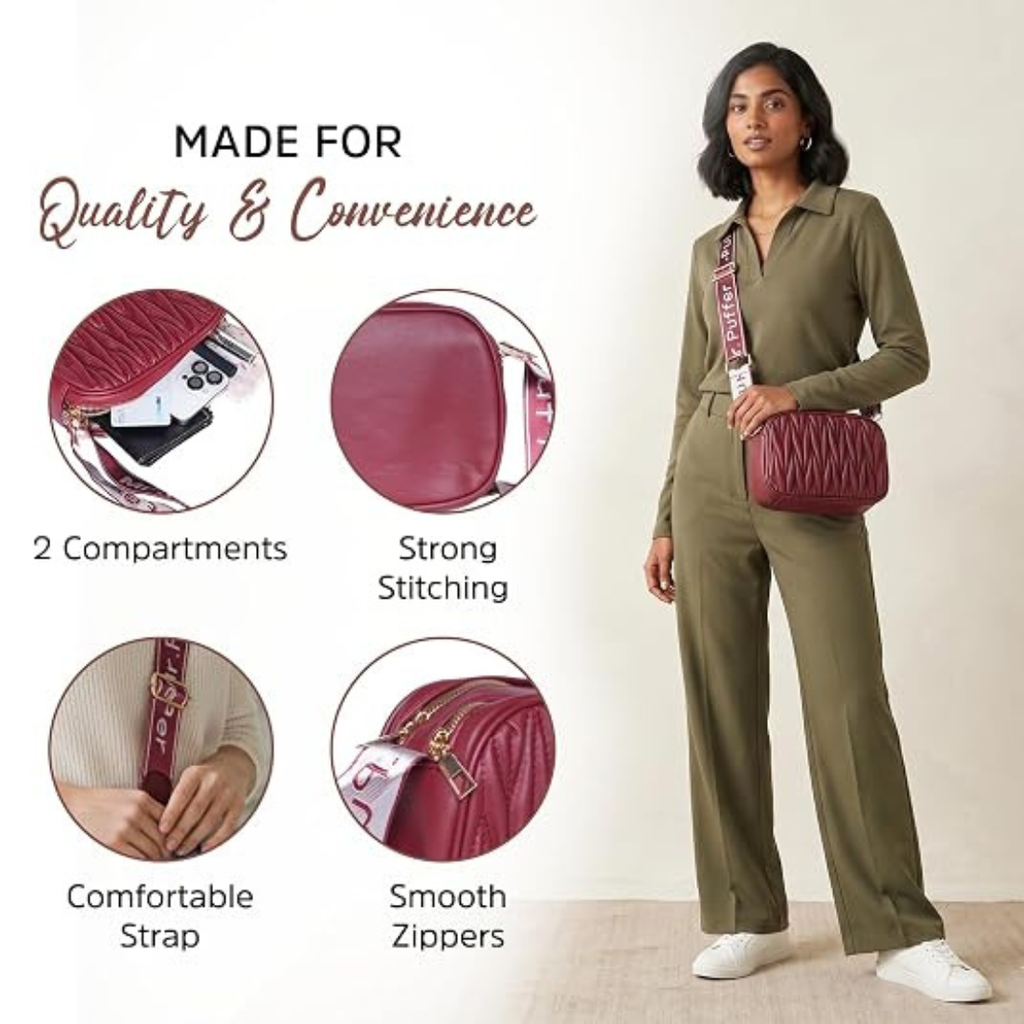 A woman wearing an olive green jumpsuit and white sneakers carries a burgundy quilted crossbody bag with a patterned strap. The image includes four circular detail callouts highlighting the bag's features: two compartments, strong stitching, a comfortable strap, and smooth zippers, with the text 'MADE FOR Quality & Convenience'.