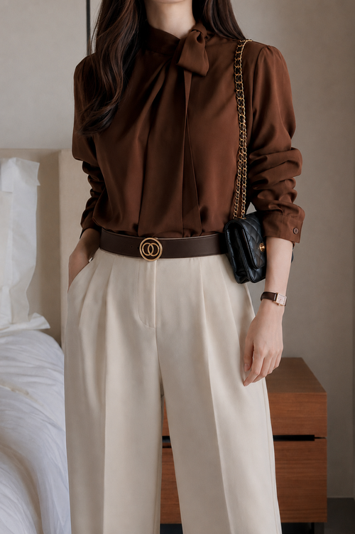 Dark brown belt for women with gold double-ring buckle — front view