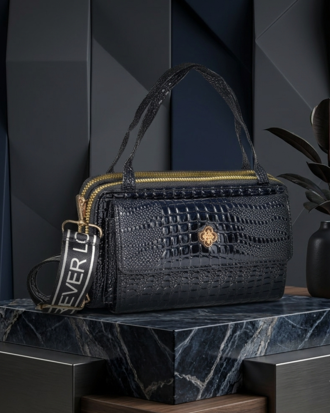 Black Croc-Embossed Handbag | Lara