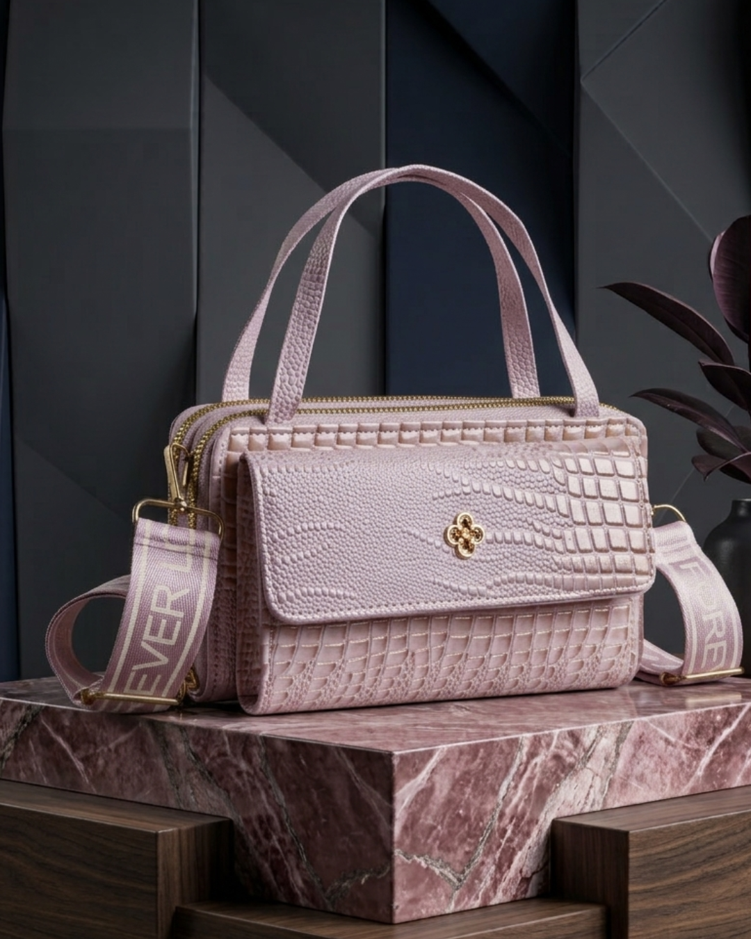 Pink Croc-Embossed Handbag | Lara