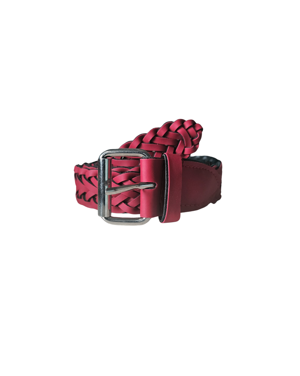 Wine handbraided leather belt for women with silver buckle — front view