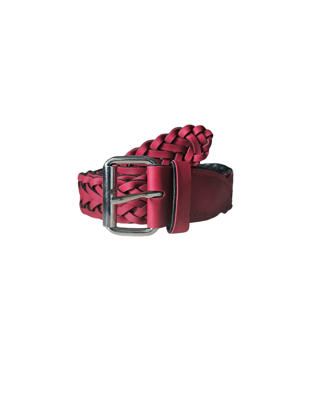 Wine handbraided leather belt for women with silver buckle — front view