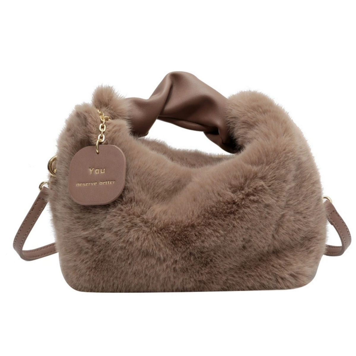 Brown faux fur sling bag for women with gold chain strap — front view
Brown faux fur sling bag showing plush texture and gathered handle — close-up
