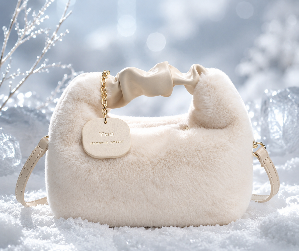 A cream-colored faux fur shoulder bag with a matching fabric handle, gold chain strap, and a round leather brand tag that reads 'YON'. The bag is styled in a snowy outdoor setting with soft, icy bokeh background.
