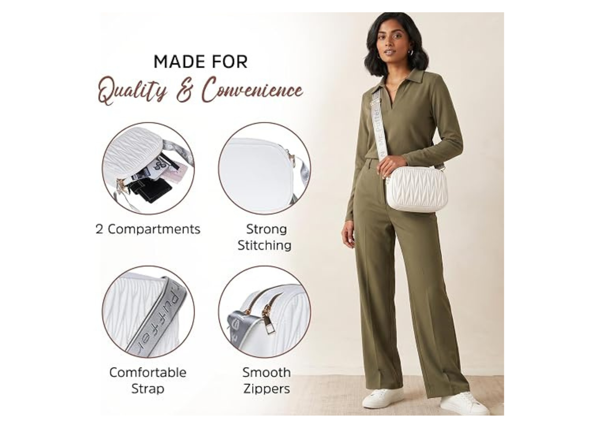 A woman wearing an olive green two-piece outfit and white sneakers stands against a light beige background, holding a white quilted crossbody bag. The left side includes feature callouts with text reading 'MADE FOR Quality & Convenience' and circular close-ups highlighting compartments, stitching, strap comfort, and zippers.