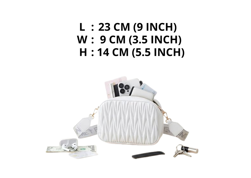A white quilted crossbody bag shown on a white background with text listing its dimensions: L 23 cm (9 inch), W 9 cm (3.5 inch), H 14 cm (5.