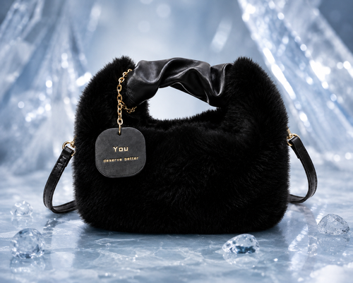 A black faux-fur shoulder bag with a gathered black leather top handle, gold chain accents, and a hanging black tag that reads 'You' and 'GABRIELLE'. The bag is styled on a reflective icy blue surface with ice crystals.