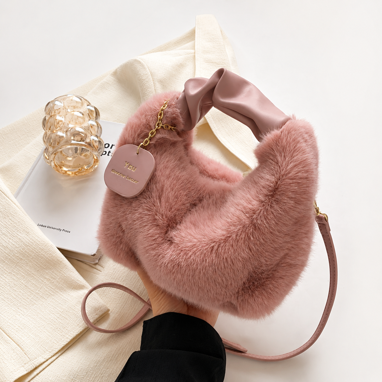 Faux Fur Sling Bag for Women – Soft Pink | Andrea