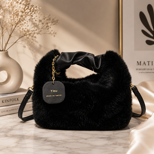 Black Faux Fur Sling Bag for Women | Andrea