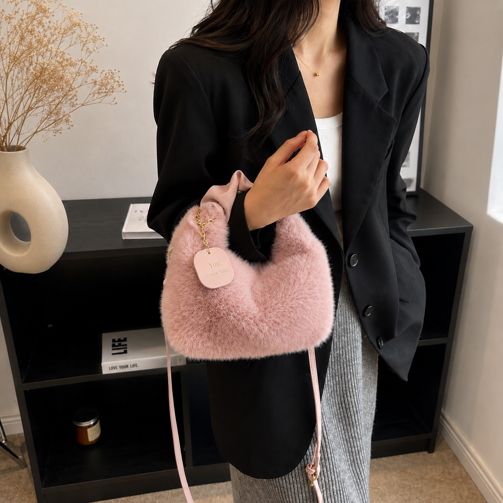 Faux Fur Sling Bag for Women – Soft Pink | Andrea