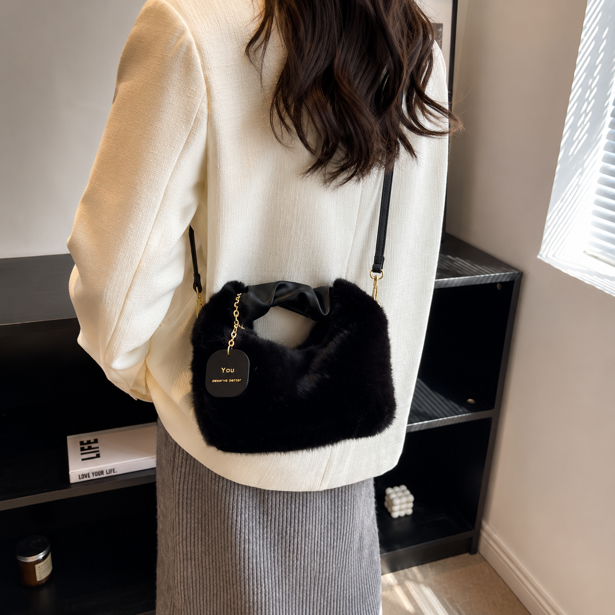 Black Faux Fur Sling Bag for Women | Andrea